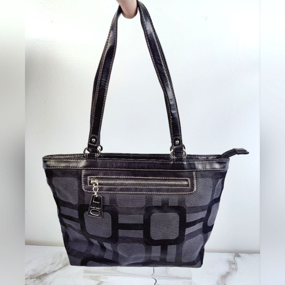 VTG Y2K Nine West Black Gray Geometric Print Canvas Tote Bag